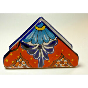 Vibrant Hand Painted Talavera Napkin Holder Mexican Folk Art Pottery Blue Orange